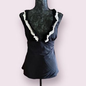 Tropical Escape Black Halter Tankini Top w/Polka Dot Trim and Criss Cross Back